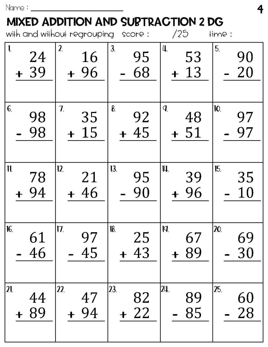 Two Digit Mixed Addition And Subtraction With And Without Regrouping Worksheets Etsy