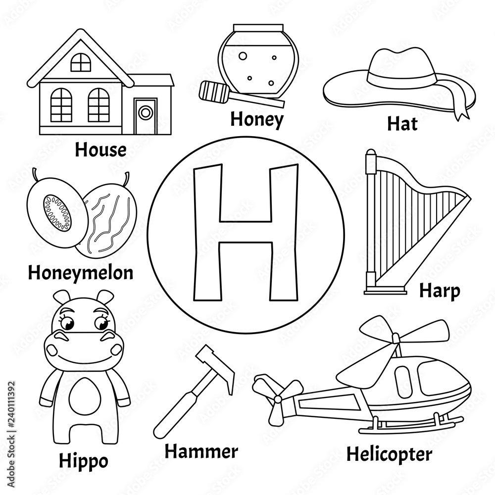 Vector Cute Kids Animal Alphabet Letter H Set Of Cute Cartoon Illustrations Coloring Page Stock Vector Adobe Stock