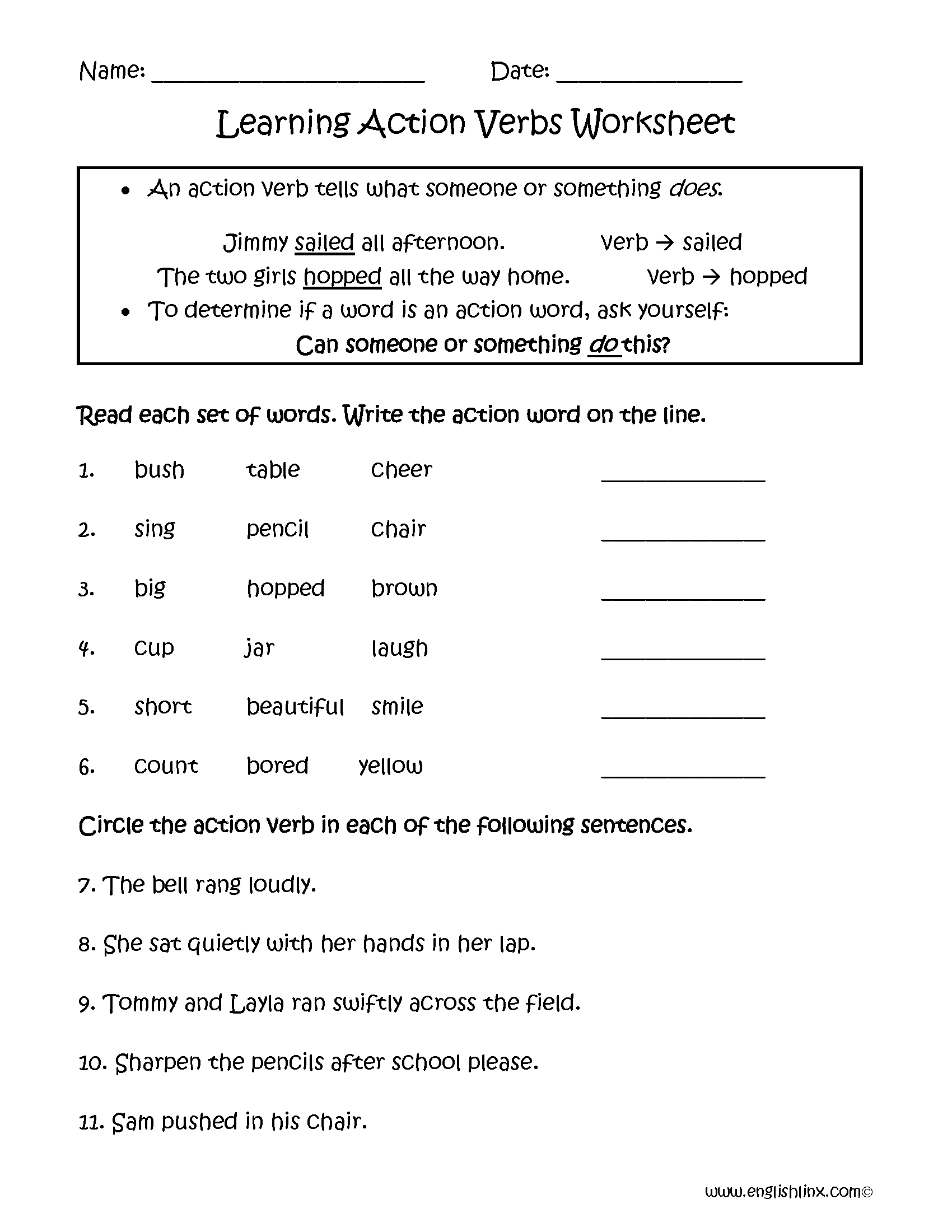 Verbs Worksheets Action Verbs Worksheets