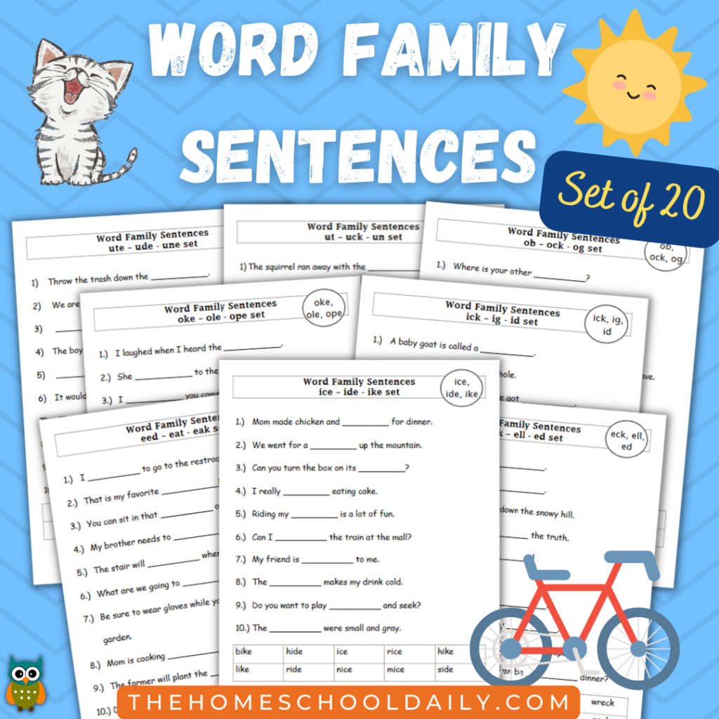 Word Family Sentences Worksheet Set The Homeschool Daily